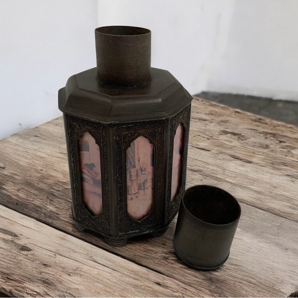 Early 1900's Chinese Shantou Pewter Tea Caddy With Reverse Painted Glass Panels - Picture 4 of 10